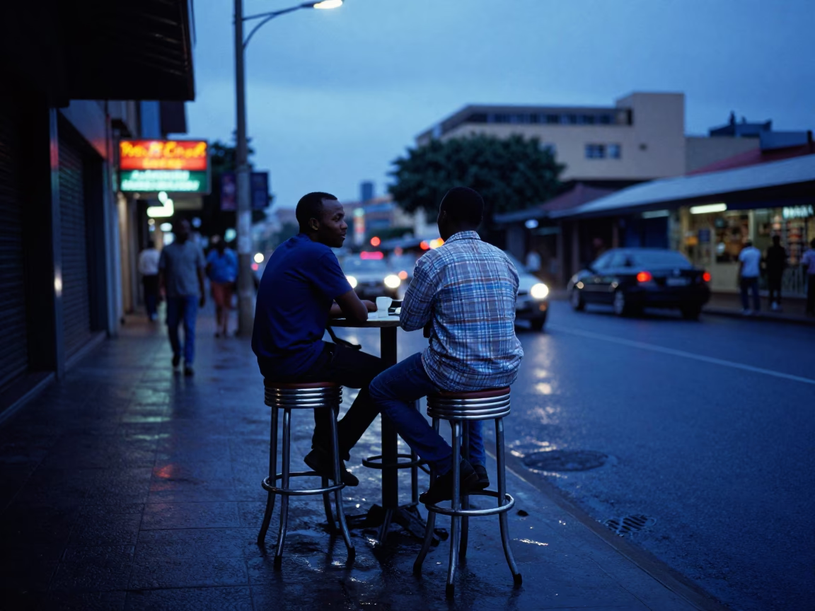 Johannesburg Street Scene at Blue Hour with Vintage Bar Stools and Neon Sign in in Johannesburg, South Africa