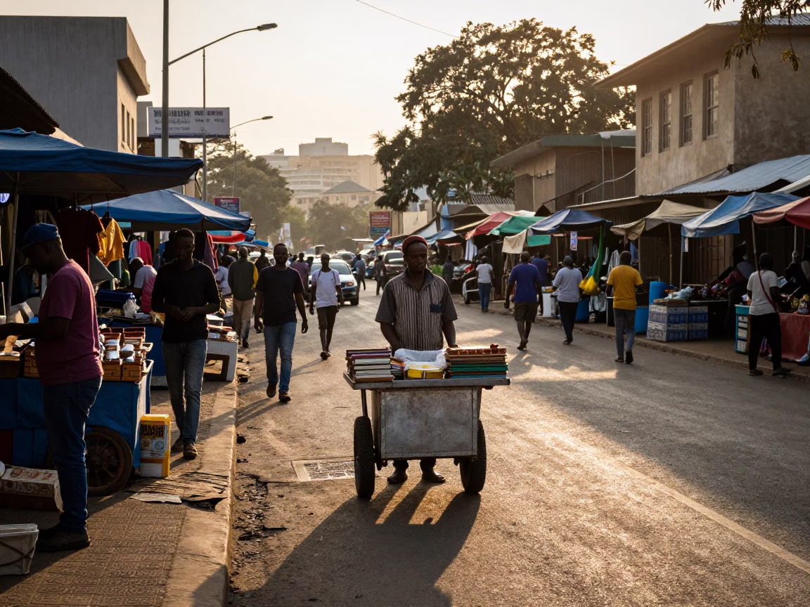 Johannesburg Street Scene at Dawn with Local Market Vendors and Urban Architecture in in Johannesburg, South Africa
