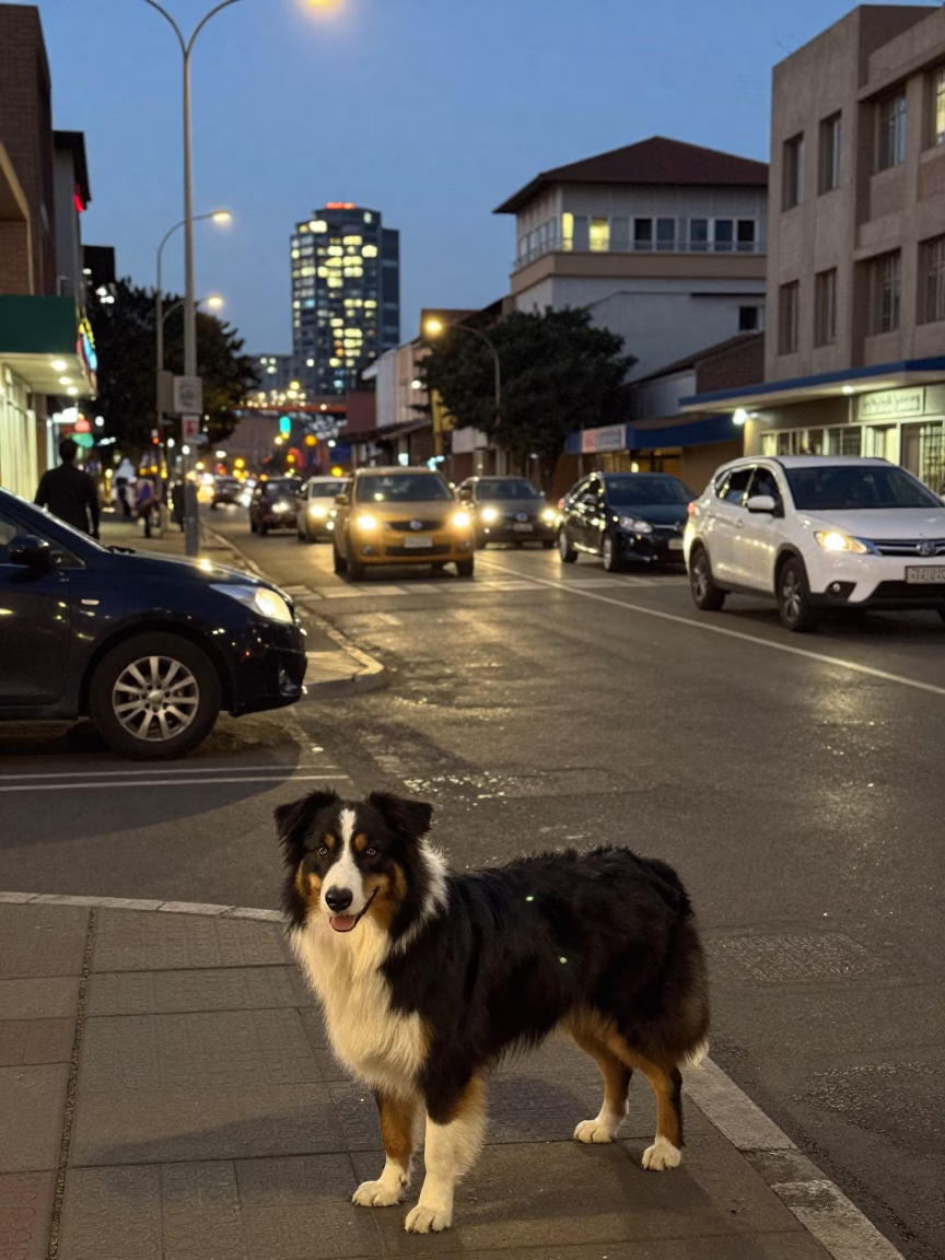 Johannesburg Street Scene at Dusk with Australian Shepherd and Local Shopfronts in in Johannesburg, South Africa