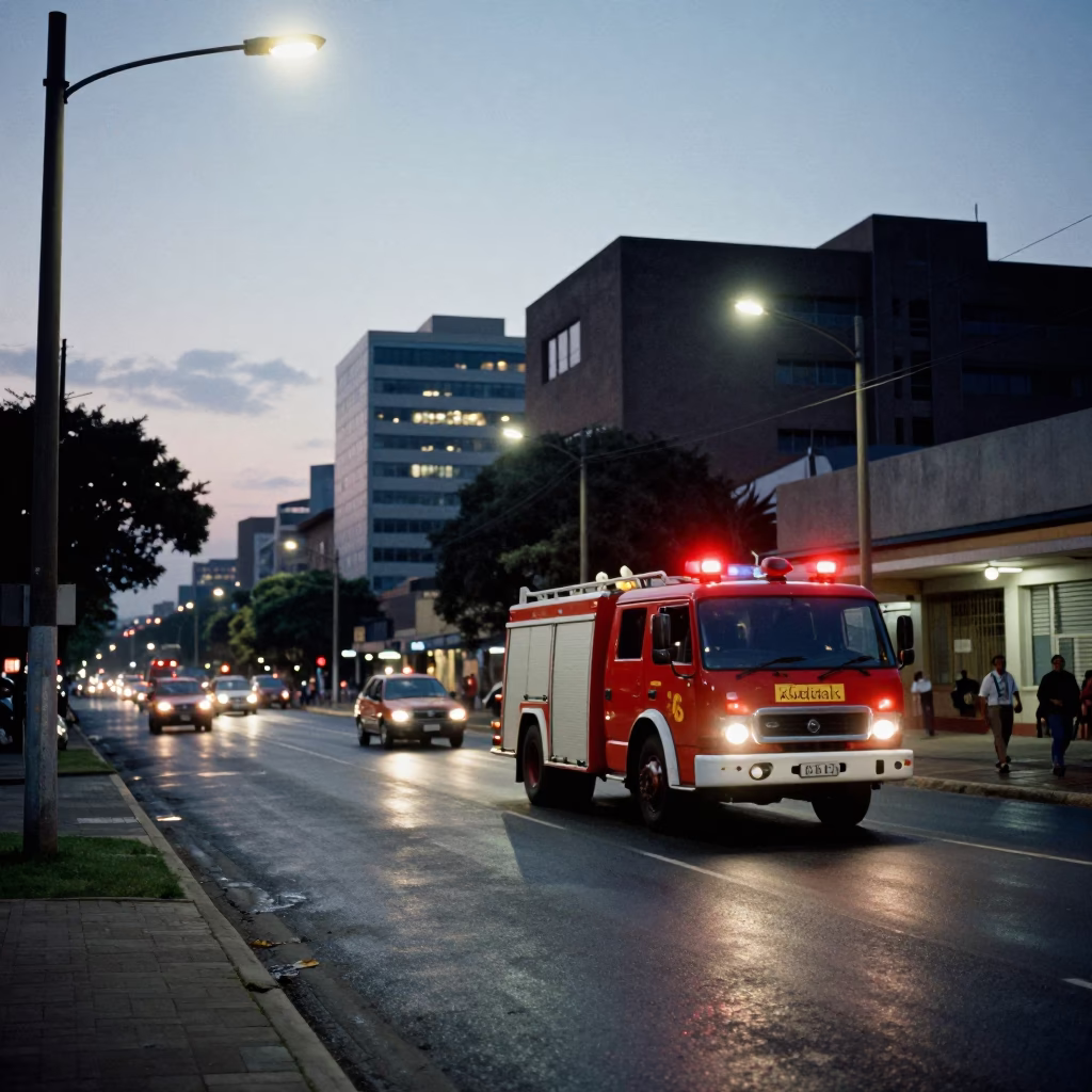 Johannesburg Street Scene at Dusk with Fire Engine and Local Life in in Johannesburg, South Africa