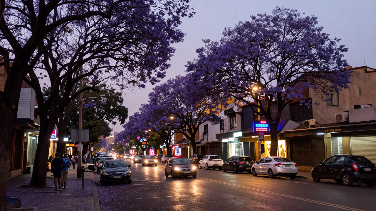 Johannesburg street scene at dusk with jacaranda trees and glowing city lights in in Johannesburg, South Africa