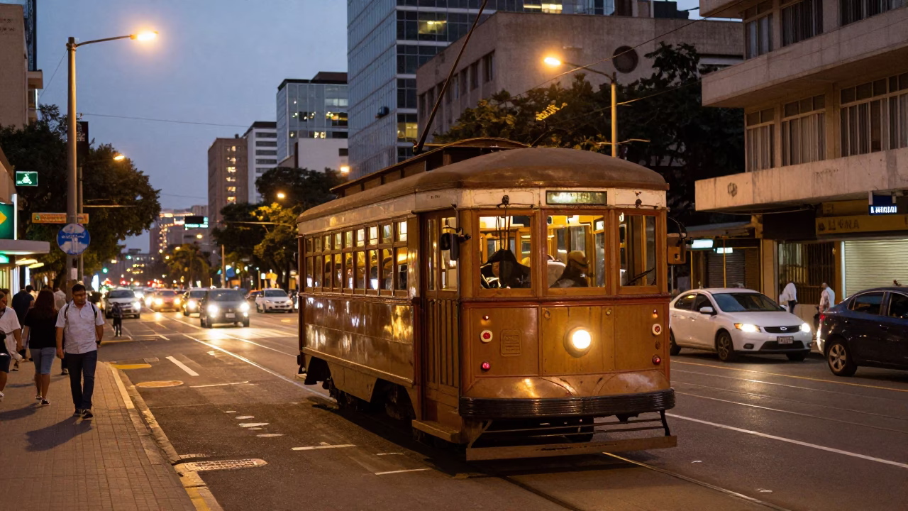 Johannesburg Street Scene at Dusk with Old Trolley and Urban Life in in Johannesburg, South Africa