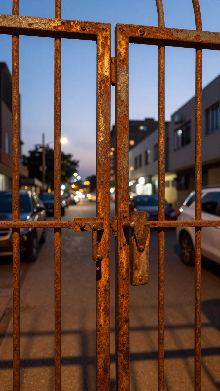 Johannesburg street scene at dusk with rusted metal gate and urban twilight in in Johannesburg, South Africa