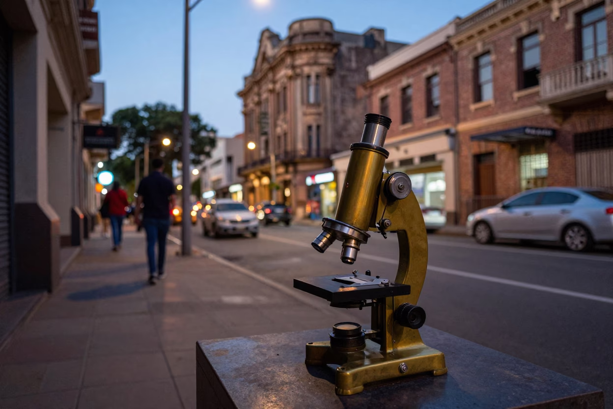 Johannesburg Street Scene at Dusk with Vintage Brass Microscope and Local Interaction in in Johannesburg, South Africa