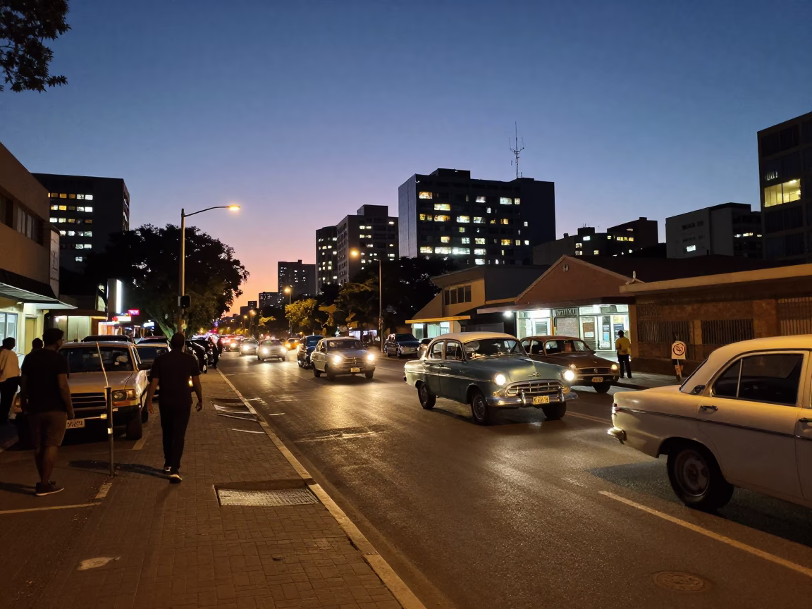Johannesburg Street Scene at Dusk with Vintage Car Rally and Urban Details in in Johannesburg, South Africa