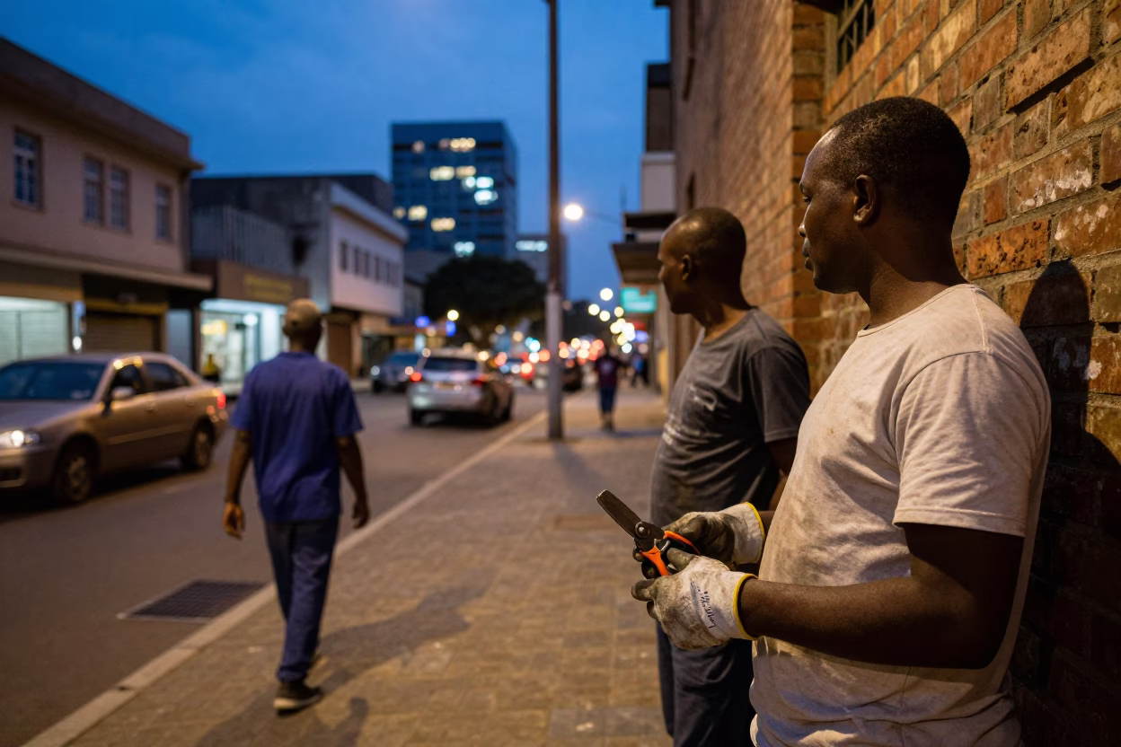 Johannesburg street scene at dusk with workers and urban details in in Johannesburg, South Africa