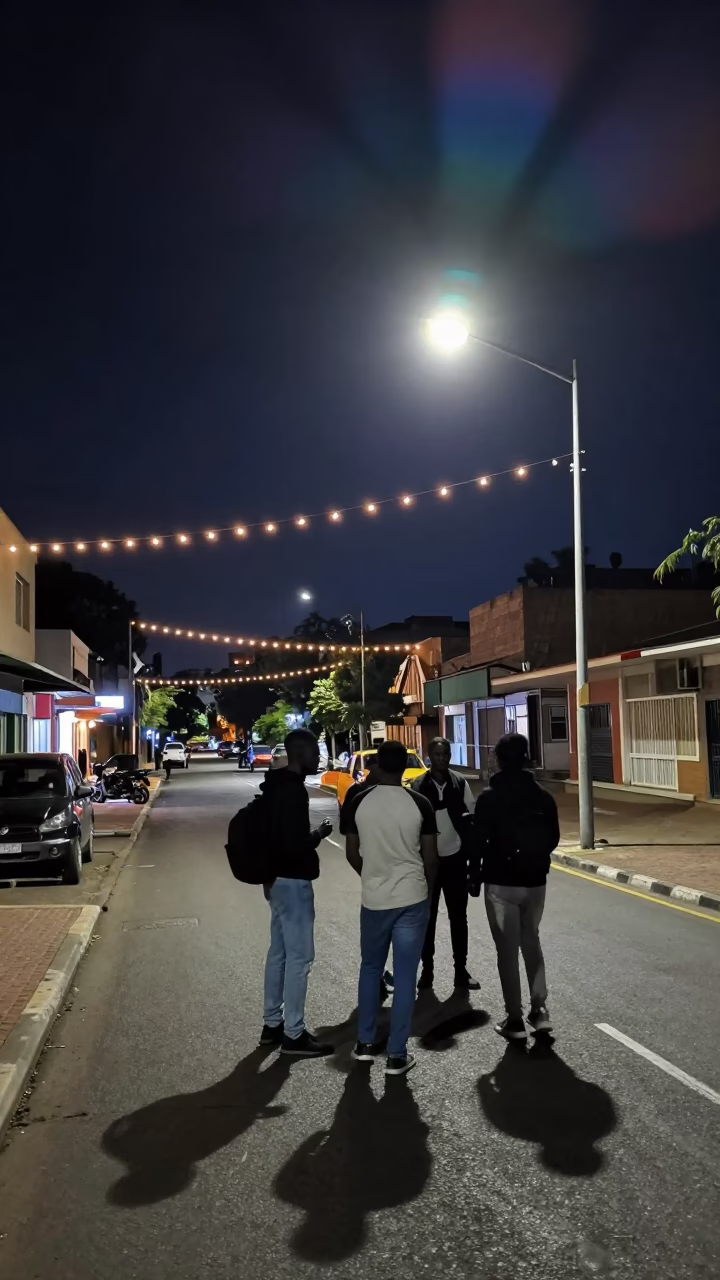 Johannesburg street scene at midnight with string lights and casual gathering in in Johannesburg, South Africa