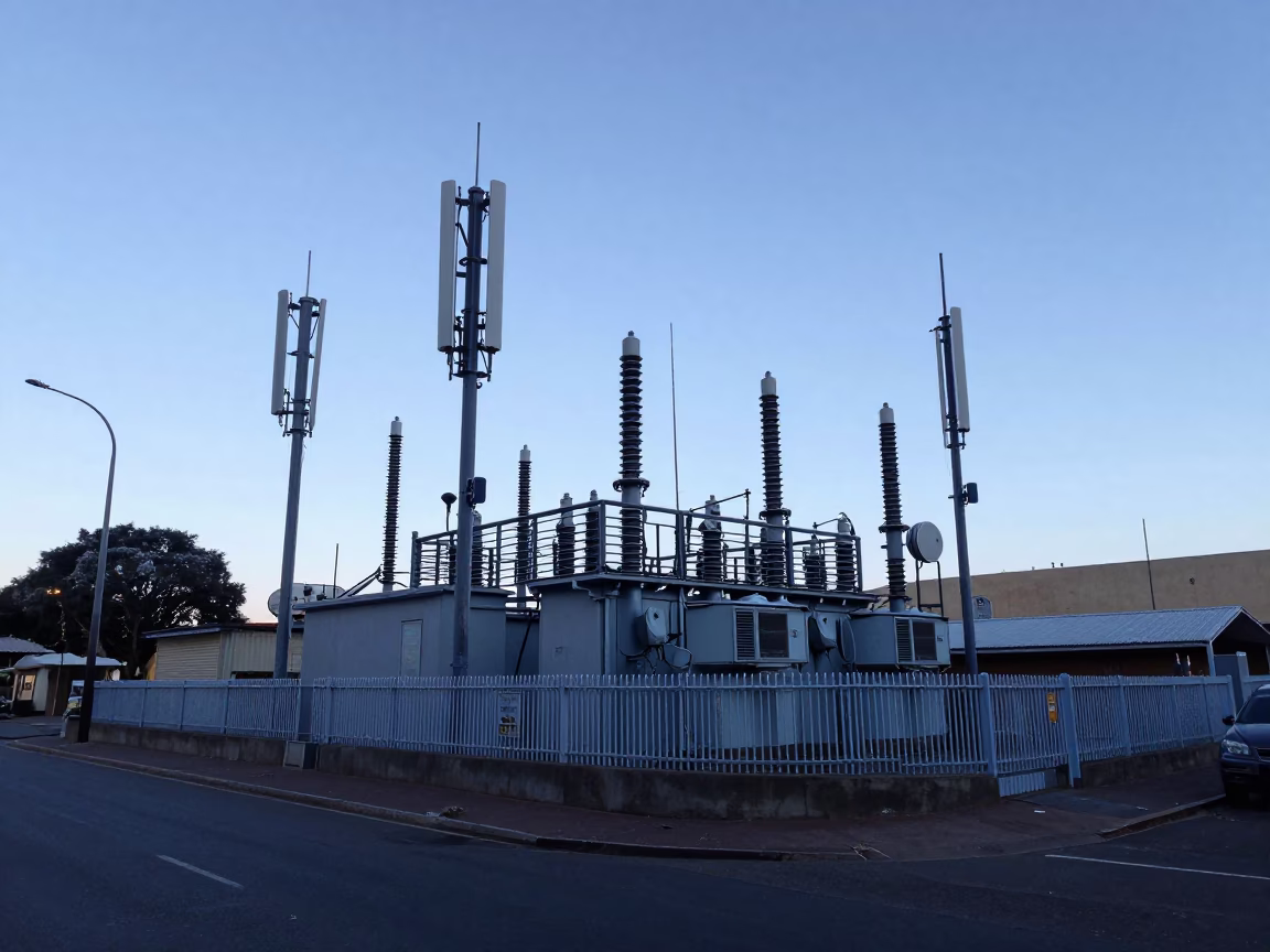 Johannesburg street scene at nautical dawn with transmission substation and hoarfrost in in Johannesburg, South Africa
