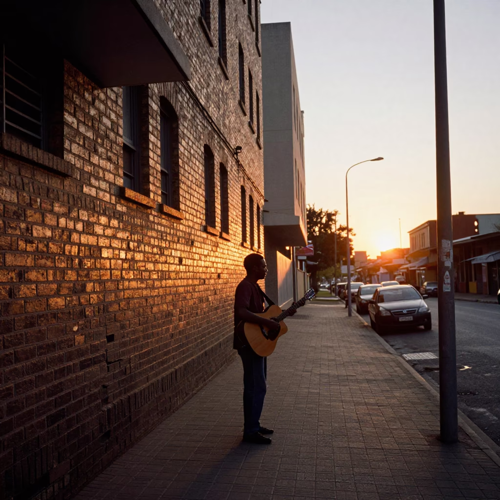 Johannesburg street scene at sunset with man holding acoustic guitar near brick building in in Johannesburg, South Africa