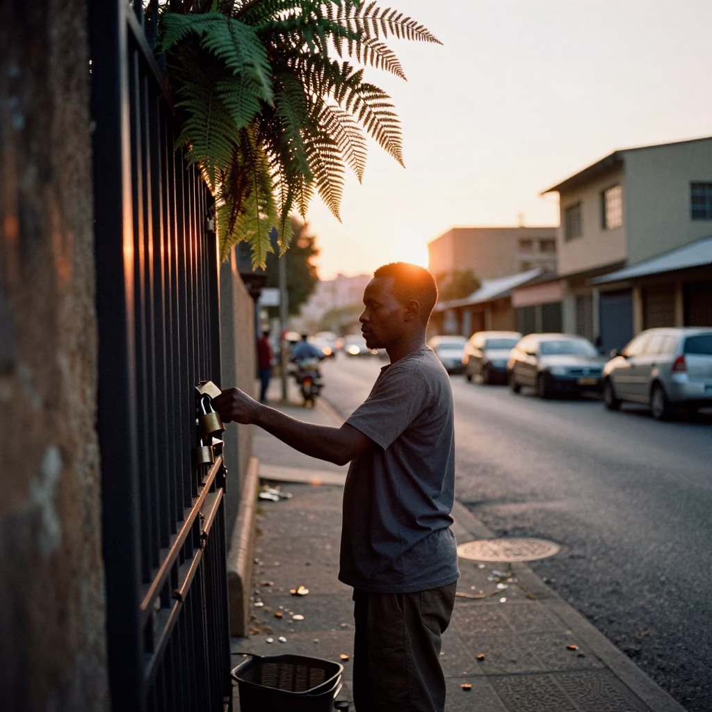 Johannesburg Street Scene at Sunset with Padlock and Ferns in in Johannesburg, South Africa