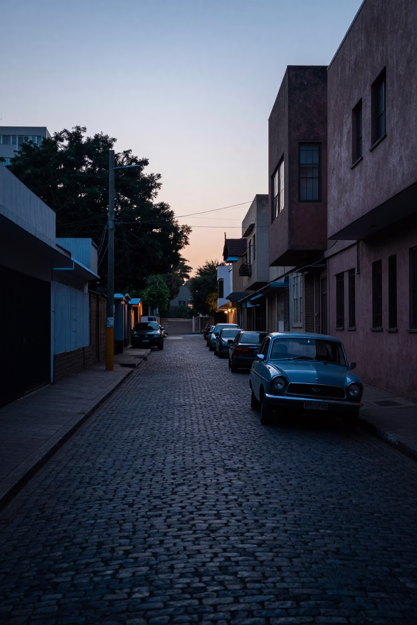 Johannesburg Street Scene Before Dawn with Vintage Car and Cobblestone Alley in in Johannesburg, South Africa