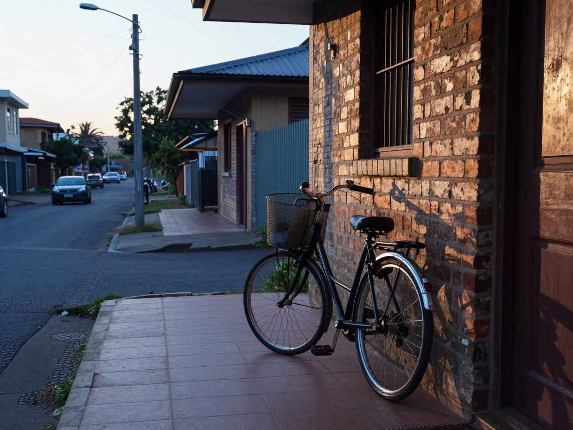 Johannesburg street scene before sunrise with bicycle basket and leaf shadows on tile in in Johannesburg, South Africa