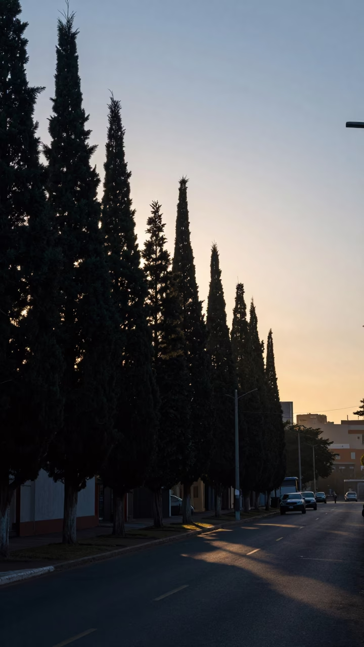 Johannesburg street scene before sunrise with cypress trees and parked cars in in Johannesburg, South Africa