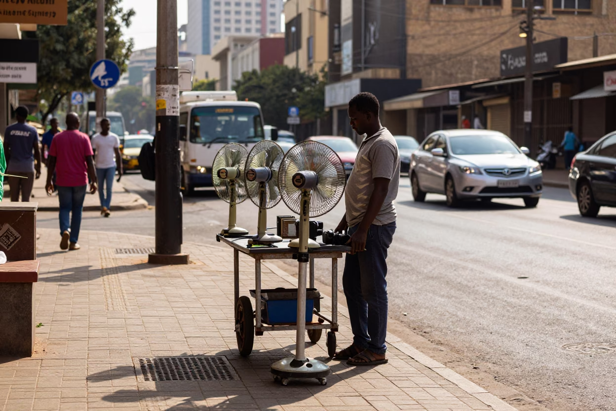 Johannesburg Street Scene Early Afternoon Table Fans and Urban Activity in in Johannesburg, South Africa