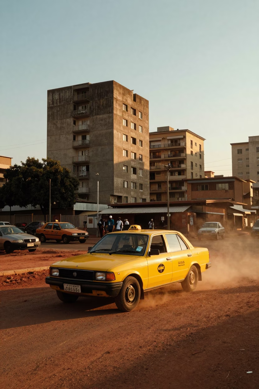 Johannesburg Street Scene Golden Hour Yellow Taxi and Concrete Apartment Blocks in in Johannesburg, South Africa