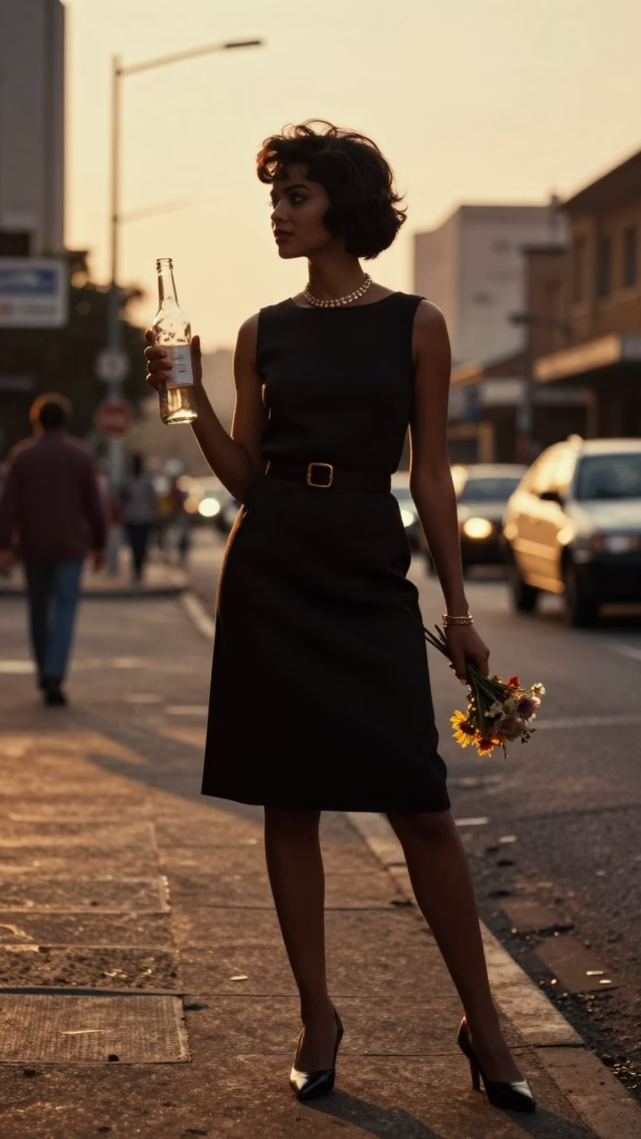 Johannesburg Street Scene Honeyed Evening Light Vintage Fashion Model with Bottle and Flowers in in Johannesburg, South Africa