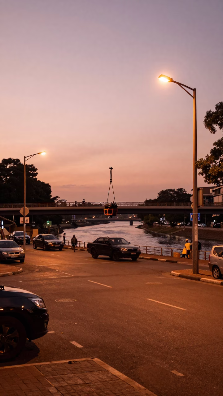 Johannesburg Street Scene in Copper Dusk Light with Bridge Maintenance Cradle Over River in in Johannesburg, South Africa