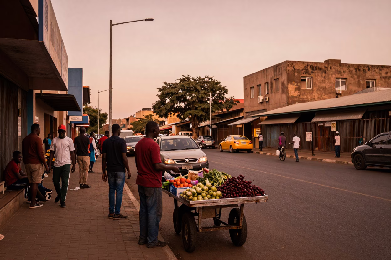 Johannesburg Street Scene in Copper Dusk Light with Local Market Activity in in Johannesburg, South Africa