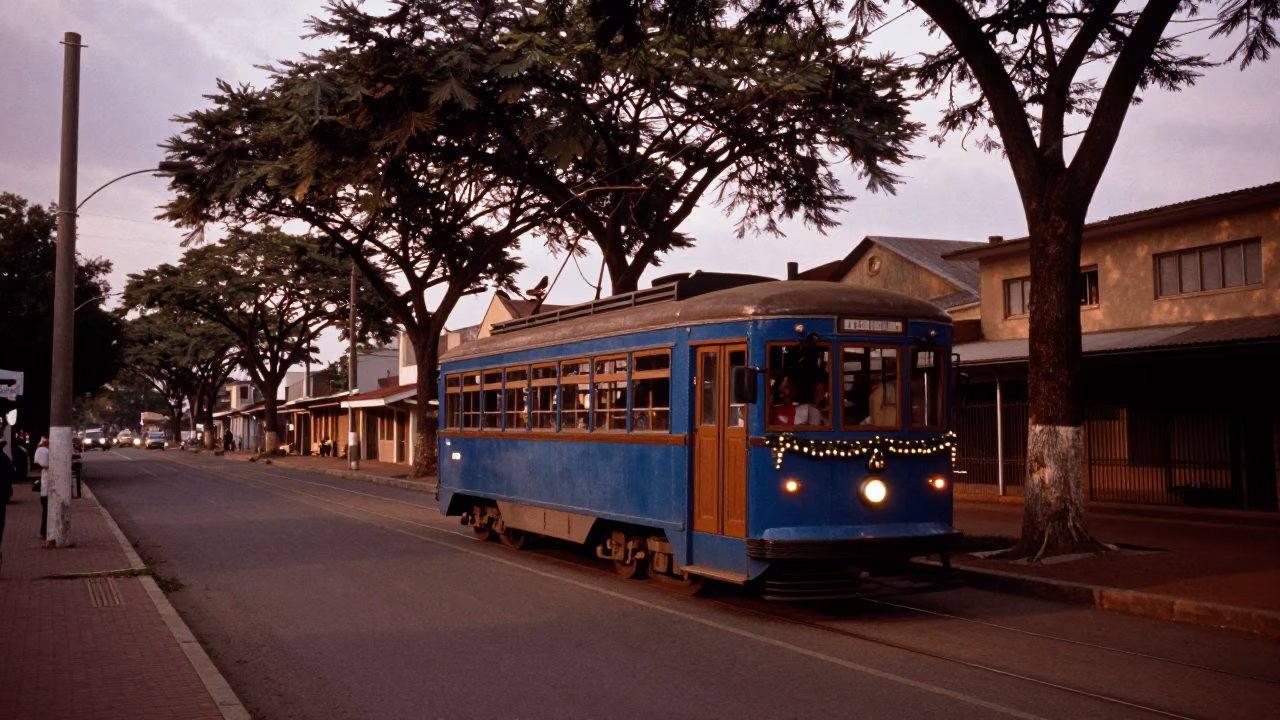 Johannesburg Street Scene in Copper Dusk Light with Tram and Urban Details in in Johannesburg, South Africa