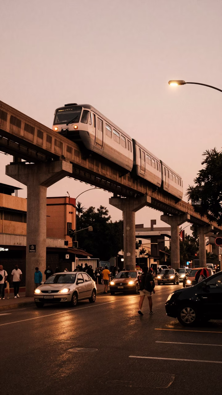 Johannesburg street scene in copper-toned dusk light with monorail and pedestrians in in Johannesburg, South Africa