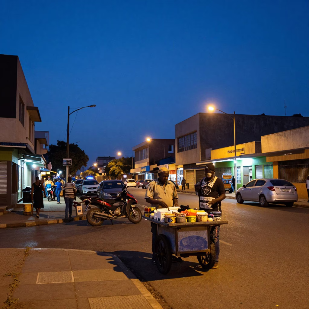 Johannesburg Street Scene in Indigo Twilight with Colorful Local Details in in Johannesburg, South Africa