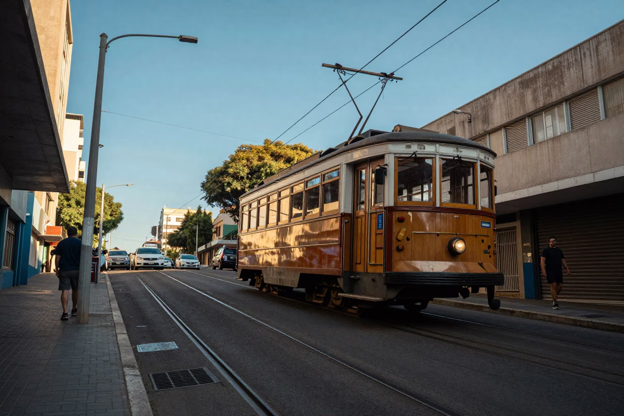 Johannesburg Street Scene Late Afternoon Light with Tram and Glass Jar in in Johannesburg, South Africa
