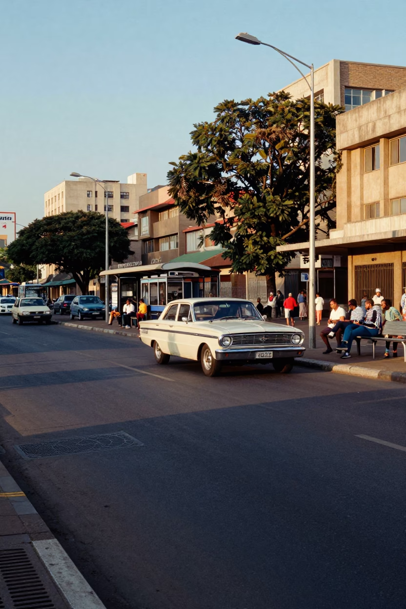 Johannesburg Street Scene Late Afternoon Light with Vintage Car and Urban Architecture in in Johannesburg, South Africa