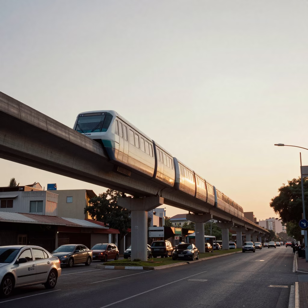 Johannesburg Street Scene Late Afternoon Monorail Passing Over Urban Rooftops and City Skyline in in Johannesburg, South Africa