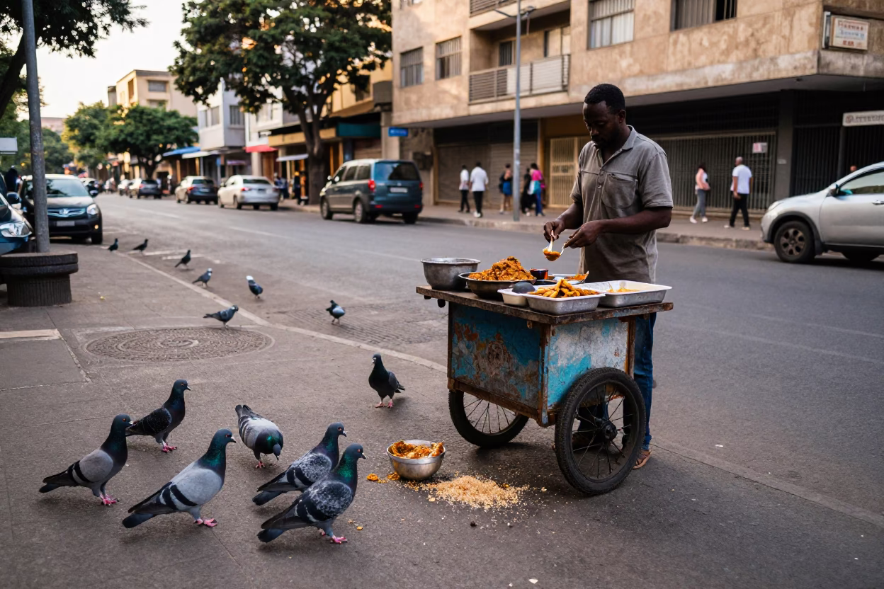 Johannesburg street scene with bunny chow curry and pigeons in early afternoon in in Johannesburg, South Africa
