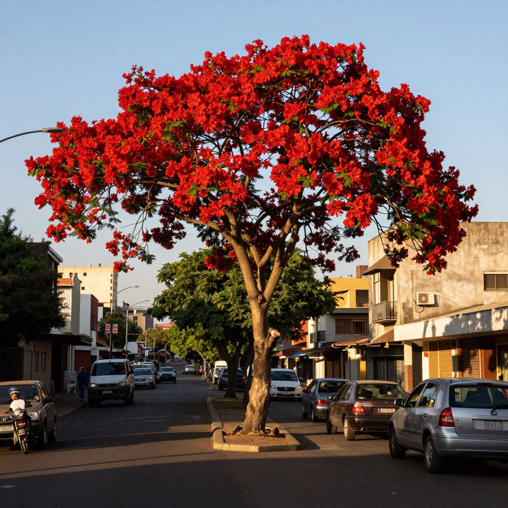 Johannesburg Street Scene with Flame Tree in Late Afternoon Light and Heritage Tram in in Johannesburg, South Africa