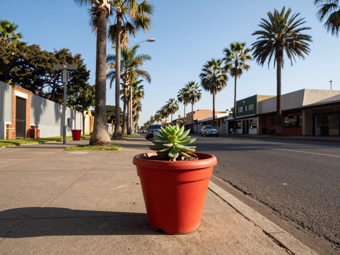 Johannesburg street scene with flowerpot and palm tree avenue in late afternoon light in in Johannesburg, South Africa