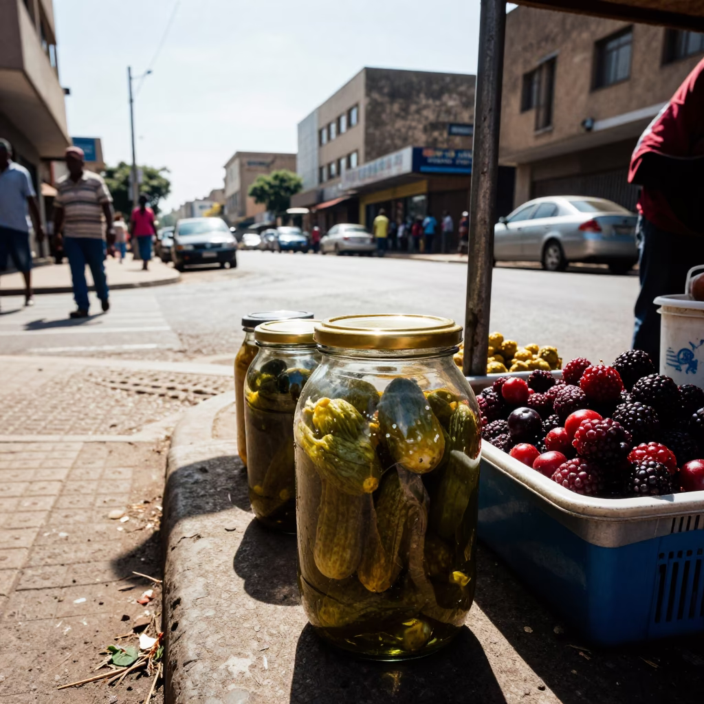 Johannesburg Street Scene with Pickle Jar and Berry Vendor in Early Afternoon Light in in Johannesburg, South Africa