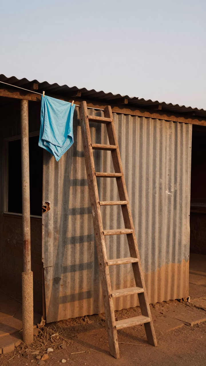Johannesburg street scene with wooden ladder and handkerchief in copper-toned light before dusk in in Johannesburg, South Africa