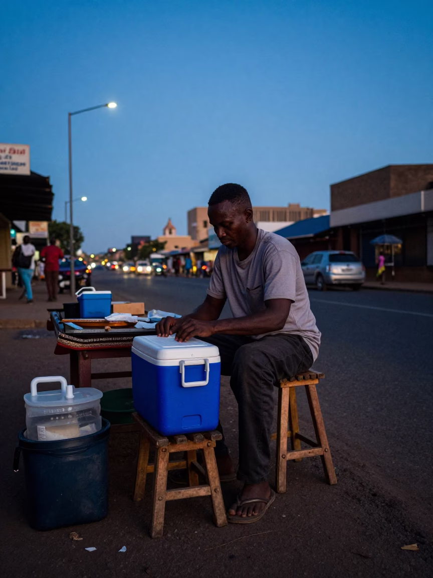 Johannesburg Street Stall Before Dawn with Cooler Jug and Fruit Crate in in Johannesburg, South Africa