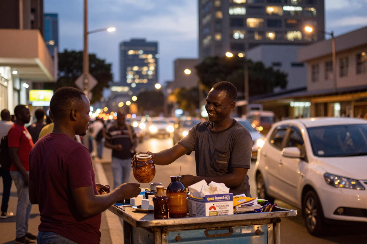 Johannesburg Street Vendor at Dusk with Jam Jar and Grease Sheen in in Johannesburg, South Africa