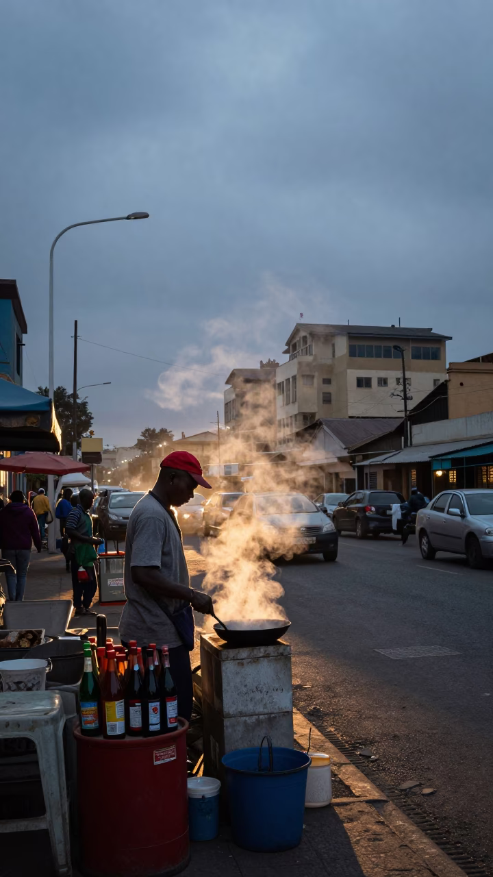 Johannesburg Street Vendor at Nautical Dawn with Skillet and Steam in in Johannesburg, South Africa