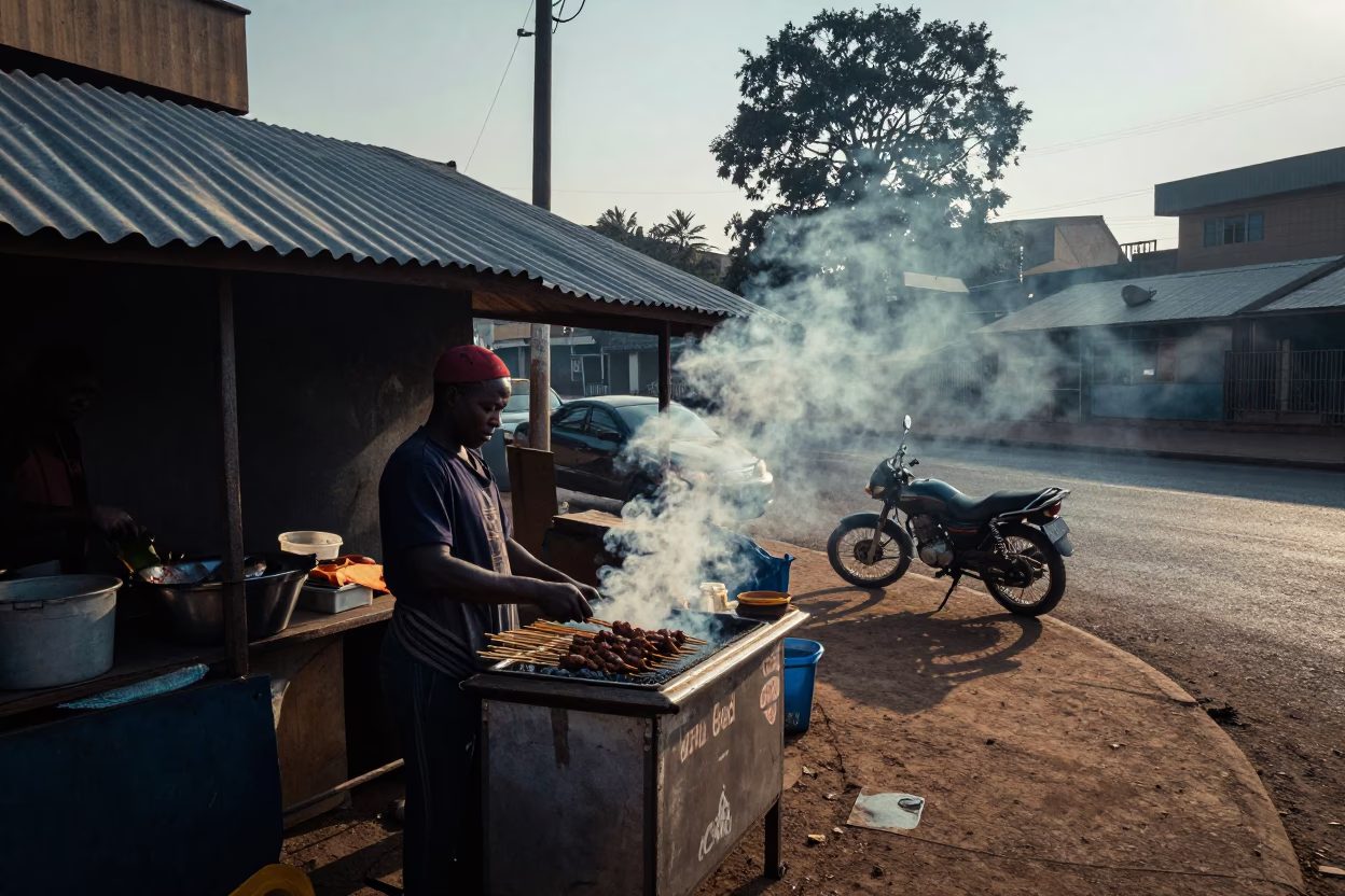 Johannesburg Street Vendor Dawn Sate Skewers Charcoal Smoke Before Sunrise in in Johannesburg, South Africa