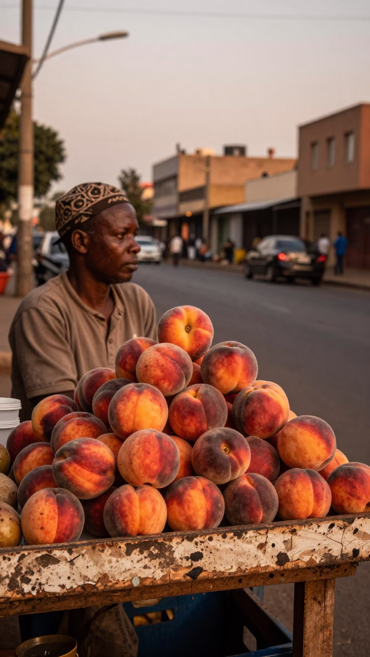 Johannesburg Street Vendor Displaying Fresh Peaches in Copper Dusk Light Before Nightfall in in Johannesburg, South Africa