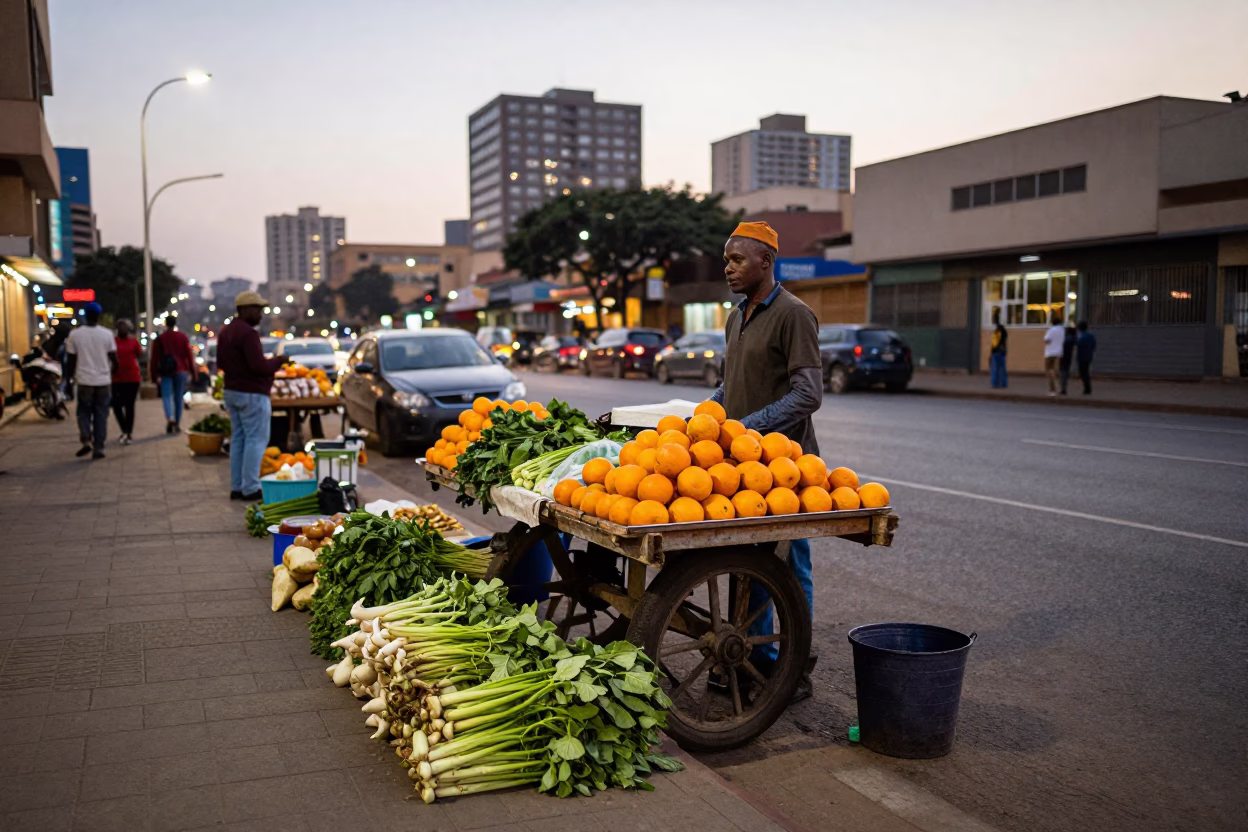 Johannesburg Street Vendor Evening Scene with Colorful Produce and City Lights in in Johannesburg, South Africa