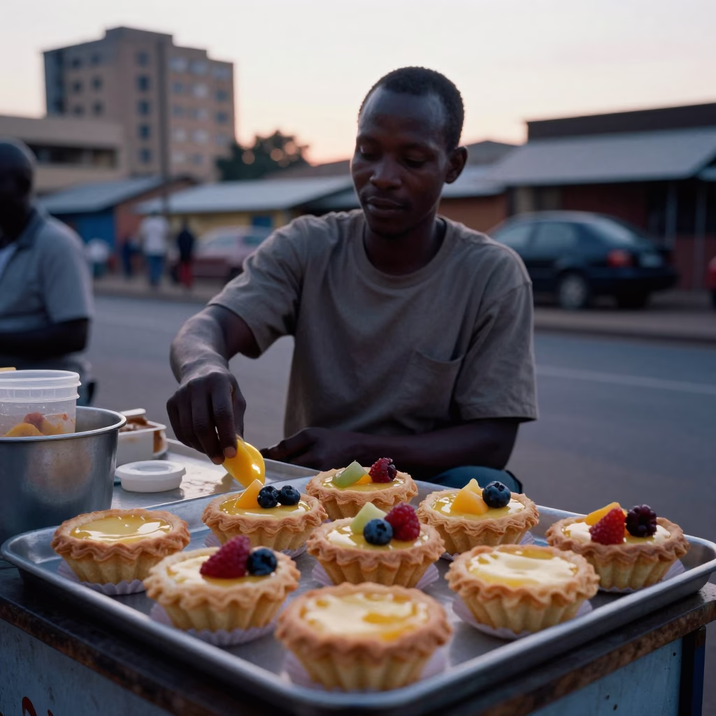 Johannesburg Street Vendor Evening with Fresh Fruit Tarts and Busy Traffic in in Johannesburg, South Africa