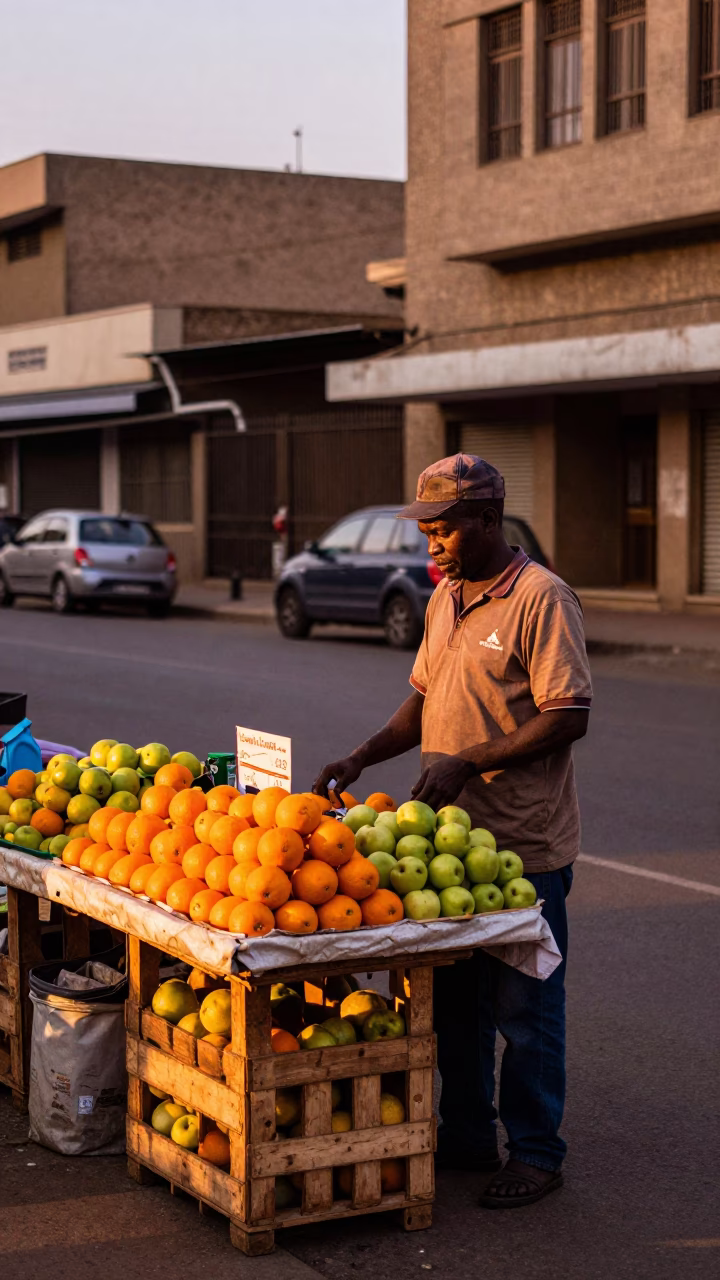 Johannesburg Street Vendor in Copper Dusk Light with Turnbuckle and Paint Flecks in in Johannesburg, South Africa