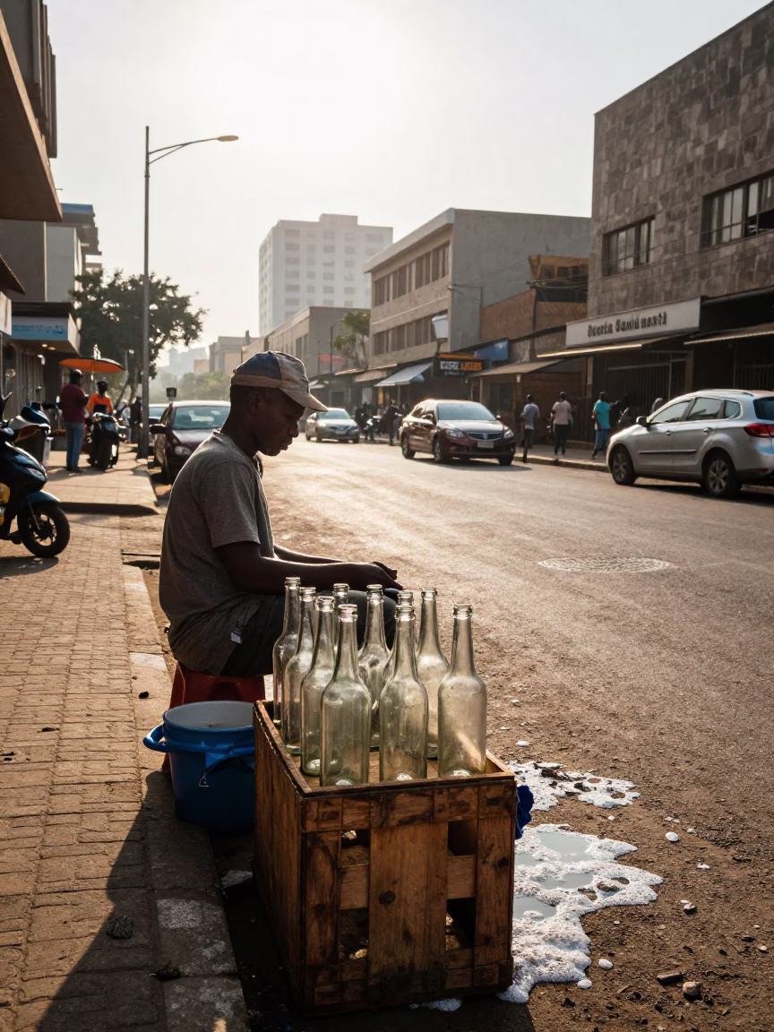 Johannesburg Street Vendor Morning Light with Soap Residue and Glass Bottles in in Johannesburg, South Africa