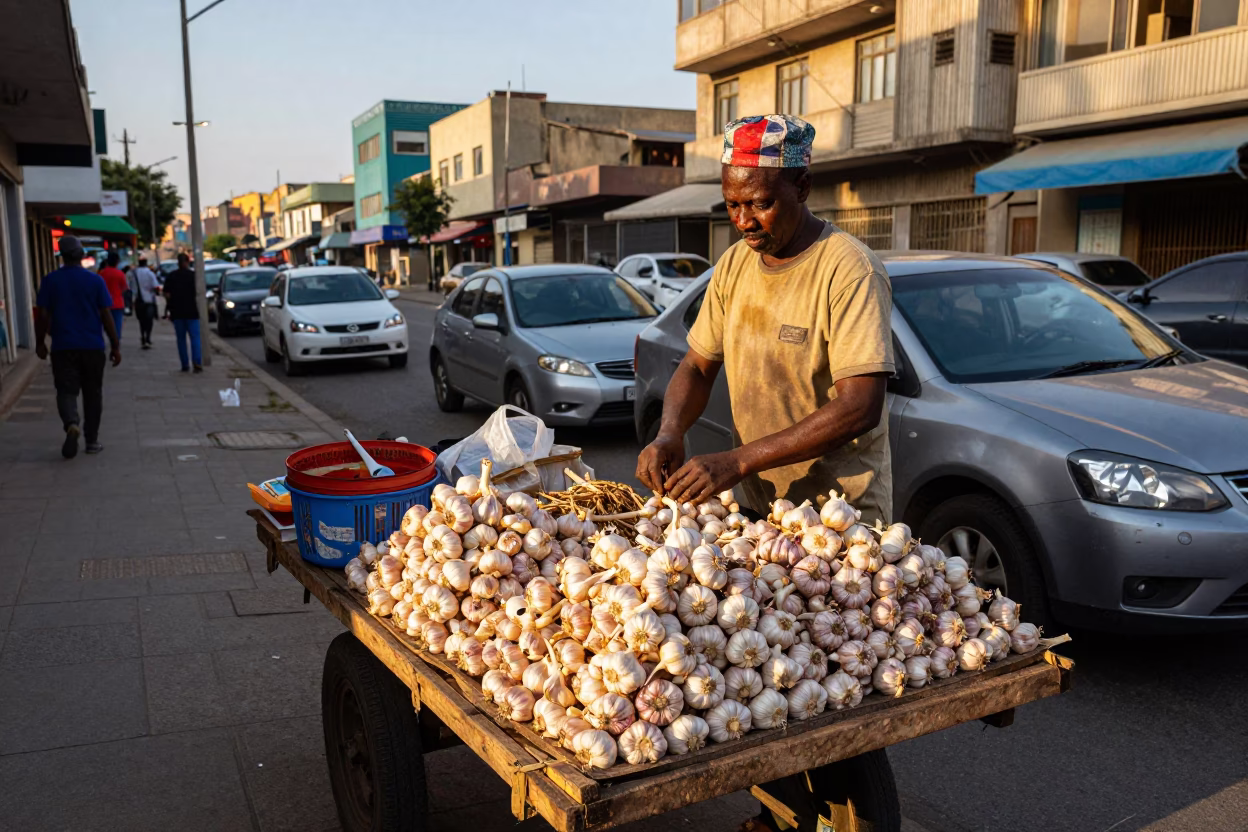 Johannesburg street vendor selling fresh garlic bulbs in honeyed evening light in in Johannesburg, South Africa