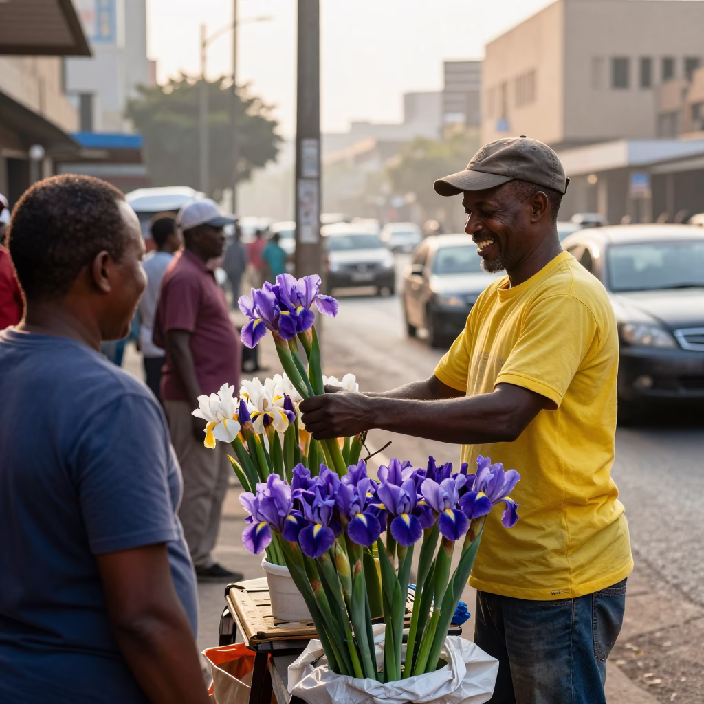 Johannesburg street vendor selling fresh iris blossoms after sunrise in in Johannesburg, South Africa