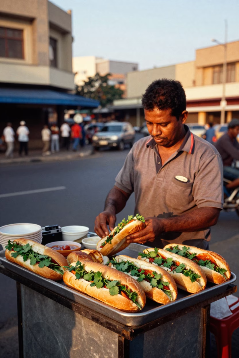 Johannesburg street vendor selling fresh Vietnamese banh mi sandwiches in honeyed evening light in in Johannesburg, South Africa