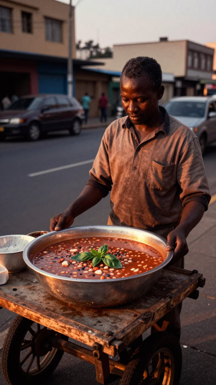Johannesburg Street Vendor Selling Minestrone in Copper Dusk Light with Rusty Mirror in in Johannesburg, South Africa
