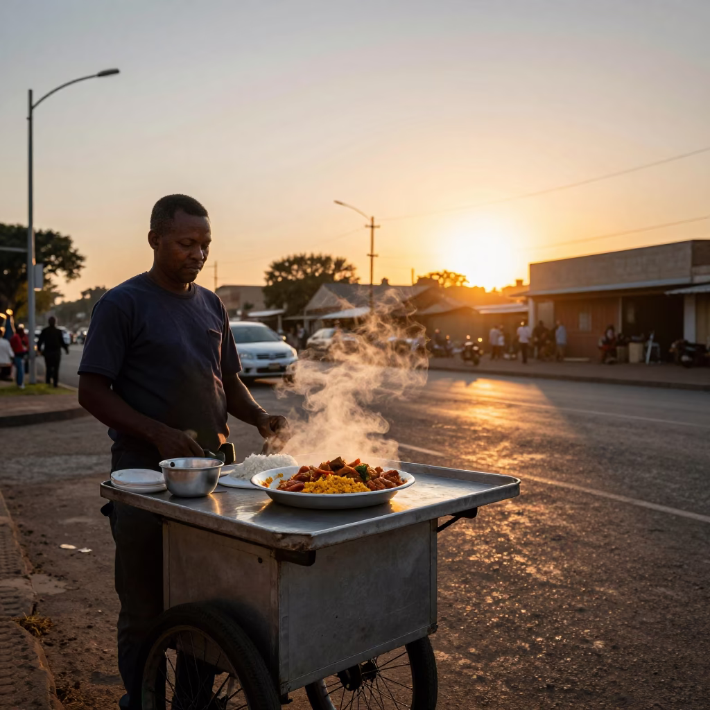 Johannesburg street vendor serving aji de gallina at sunset in in Johannesburg, South Africa