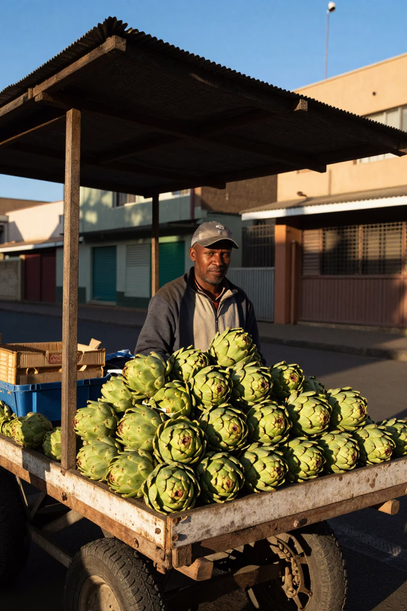 Johannesburg Street Vendor with Artichokes Under Late Afternoon Sun and Overpass in in Johannesburg, South Africa