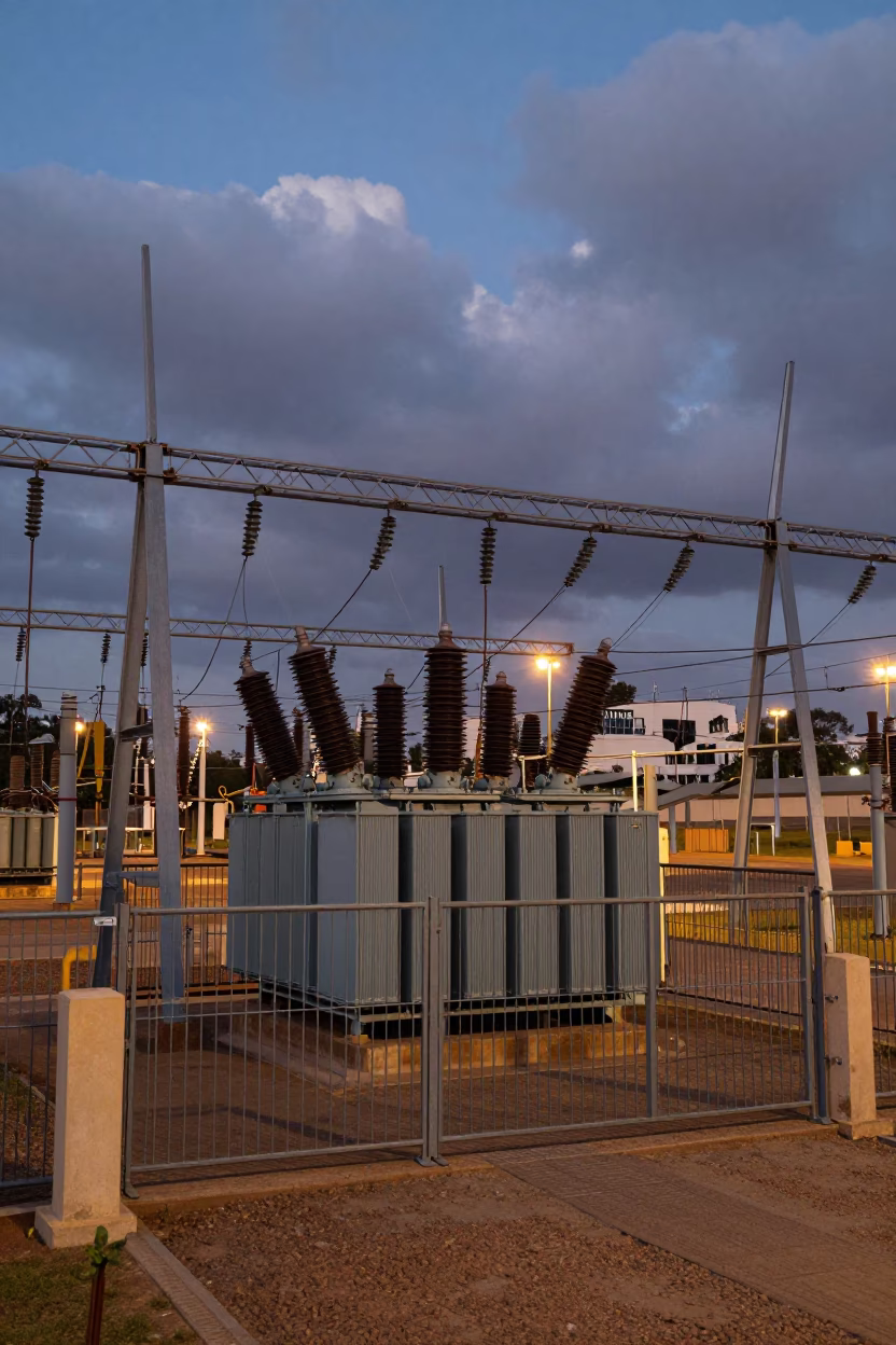Johannesburg Substation Yard at Dusk with Humming Transformer Under Low Thunderclouds in in Johannesburg, South Africa