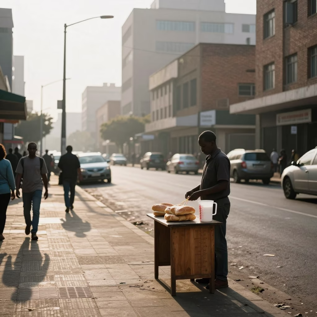 Johannesburg Sunrise Street Scene with Measuring Cup and Bread Board in in Johannesburg, South Africa